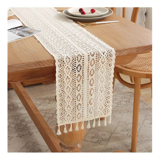 Vintage Table Runner – Crochet Lace Cotton with Tassels for Home & Wedding Decor | Vintage Table Runner – Crochet Lace Cotton with Tassels for Home & Wedding Decor | Domvora Home & Deco