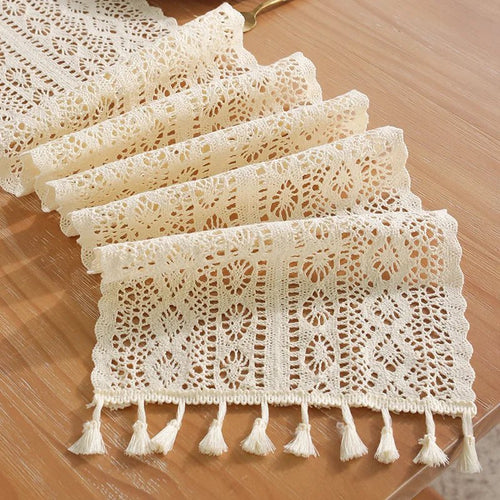 Vintage Table Runner – Crochet Lace Cotton with Tassels for Home & Wedding Decor | Vintage Table Runner – Crochet Lace Cotton with Tassels for Home & Wedding Decor | Domvora Home & Deco